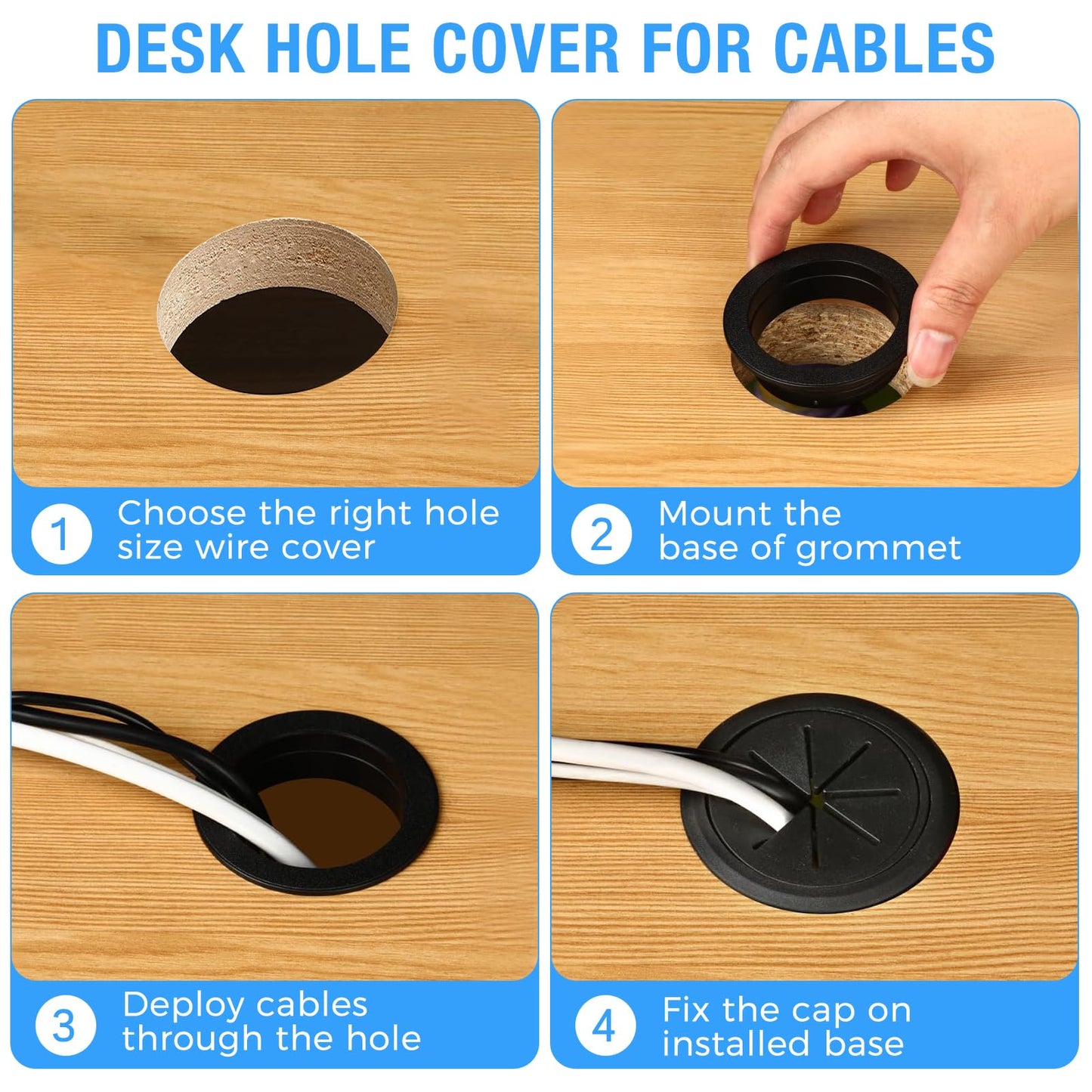 Desk Grommet 2-1/16" (53 mm), Desk Hole Cover for Cables White, Cable Grommet ABS Plastic, Desk Hole Grommet for Office and Home Table Cable, Detachable & Flexible Cable Cord Organizer-4 Pcs