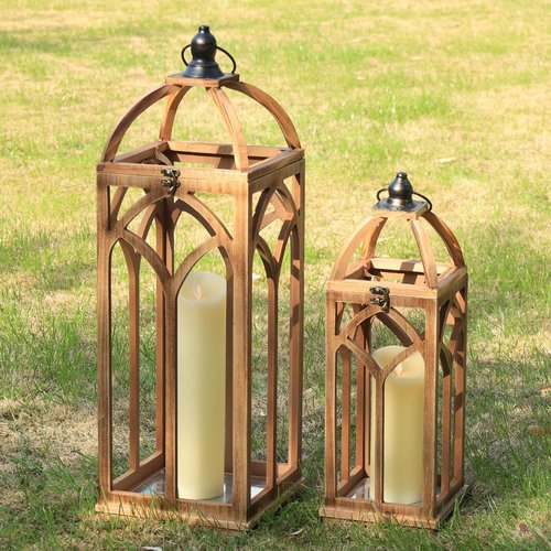 DECORKEY Large Wooden Lantern Set - Rustic Indoor & Outdoor Candle Holders | 30’’/20’’H, Natural Wood Finish