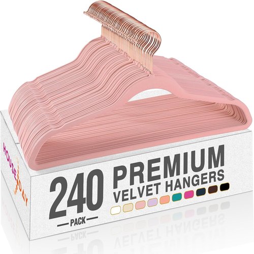 HOUSE DAY Velvet Hangers - Premium Non-Slip Clothes Hangers | 240 Pack in Light Pink with 360° Rotating Hook