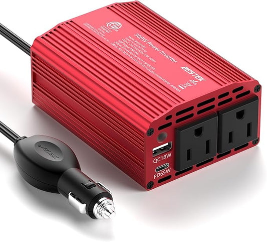 BESTEK 300W Power Inverter with 65W USB-C QC3.0 Ports - 12V DC to 110V AC Car Converter Charger for Vehicles - 11V-17V Aluminum Housing Car Plug in Cigarette Lighter Adapter Outlet for Laptop