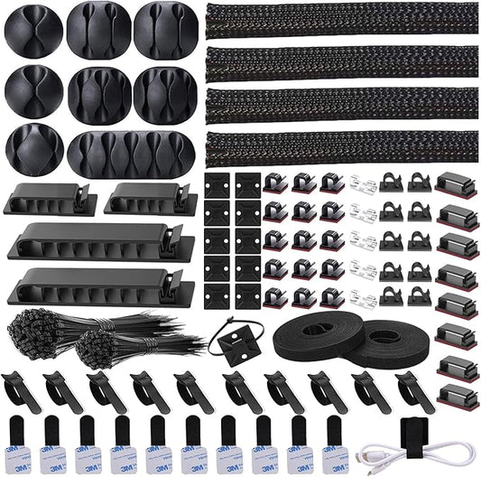 DRIVUU 311Pcs Cable Management Organizer Kit 4 Cable Sleeve Split,53Cable Clips 12Cord Clips Holder,22 Cable Ties, 20 Adhesive Wall Cable Tie, 200Fasten Cable Ties for TV Office Home Electronics