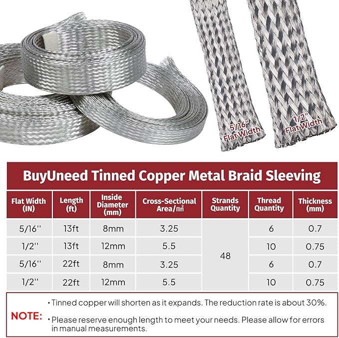 BuyUneed Tinned Copper Metal Braid Sleeving Wire Shielding Sleeve Braided Copper Ground Straps EMI/RFI Interference Expandable Flat Mesh Shielding Cable for Protect Wire (5/16inch-22ft)