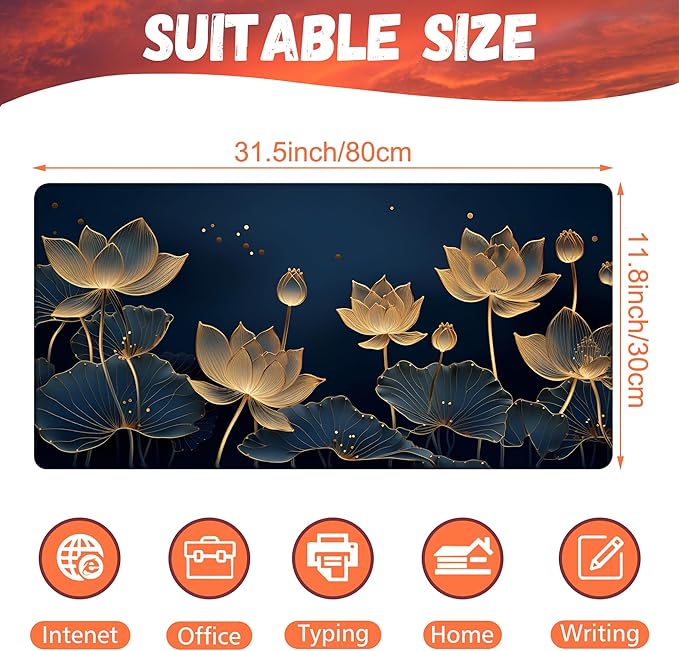 KOAIWPAE Desk Pad,Luxury Golden Lotus Line Arts Desk Mat,Dark Blue Background Large Gaming Mouse Pad for Desk,31.5"x15.7" Extended Big Computer Keyboard Mouse Pad with Non-Slip Base and Stitched Edge