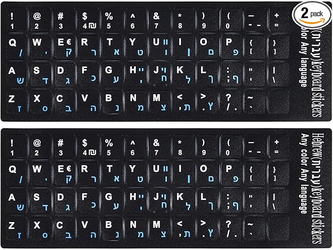 2PCS Hebrew Keyboard Stickers Black Background with Blue Letters Replacement Sticker for PC Computer Laptop Notebook Desktop Keyboards, Matte Vinyl Alphabet -Each Unit: 0.43" x 0.51"