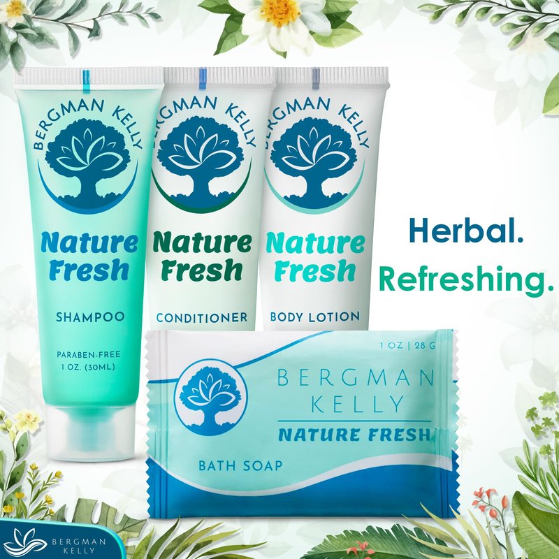 Bergman Kelly Hotel Toiletries Bundle (Nature Fresh, 1 oz each, 100 Pieces) 4-Piece Set: 25 Rectangular Bar Soap, 25 Shampoo, 25 Conditioner & 25 Body Lotion - Bulk Mini Guest Amenities