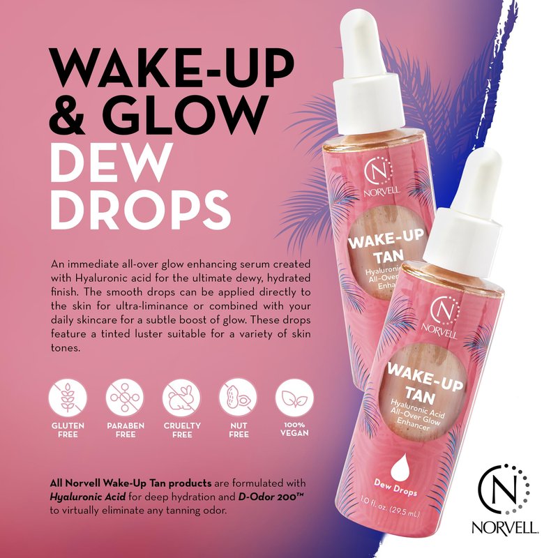 Norvell Wake-Up Tan Dew Drops, 1 oz Luminizing Glow Drops for Face & Body, Mix with Makeup or Moisturizer, Fragrance-Free Cosmetic Illuminator