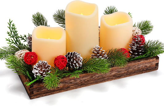 Tioncy Christmas Table Centerpiece - Rustic Wood Box Tray with Artificial Pine Picks & Candles | Holiday Decor