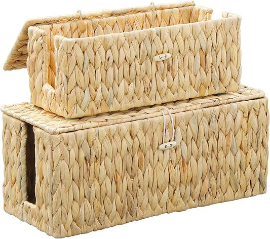 Coeusy Cable Management Box,Hand-Woven Water Hyacinth Decorative Cord Organizer,2 Side Open Slots Wicker Cable Box to Hide Cords and Power Strip,for Desk, Floor, Office,2 Pack