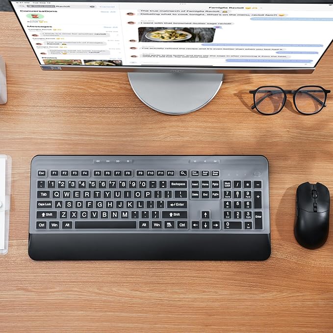 KOPJIPPOM Wireless Keyboard and Mouse Set with Quiet Keys, 2.4G Full Size Ergonomic Keyboard with Wrist Rest, Protective Covers, Soft Touch Silent Design for Windows, Computer, PC and Laptop