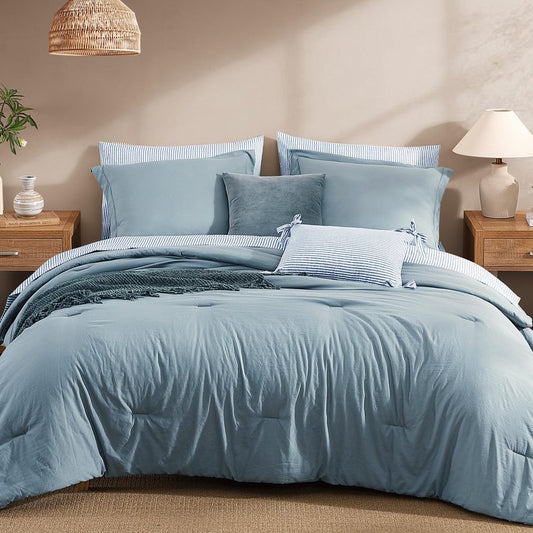 Monbix King Size Comforter Set - 7 Pieces Dusty Blue Prewashed Bed in a Bag King Bedding Sets with Comforters, All Seasons Ultra Soft Comforter Bed Set with Sheets,Pillowcases & Shams