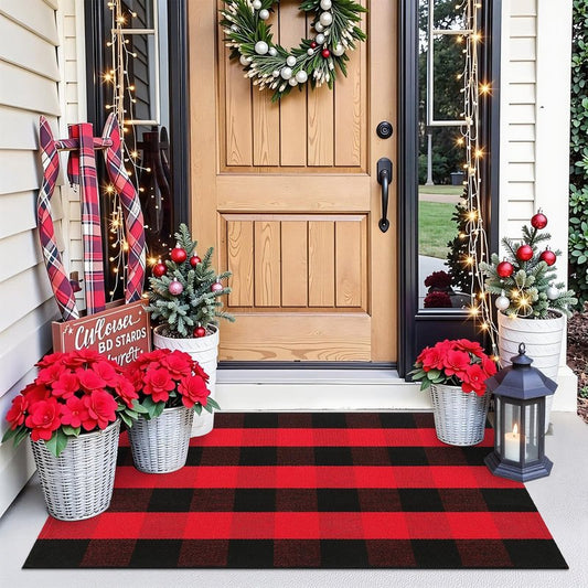 OLANLY Buffalo Plaid Rug 2'4" x 3'7" (27.5" x 43") – Red and Black Cotton Checkered Doormat, Washable Indoor Outdoor Rug for Layered Front Porch, Kitchen, Entryway Decor