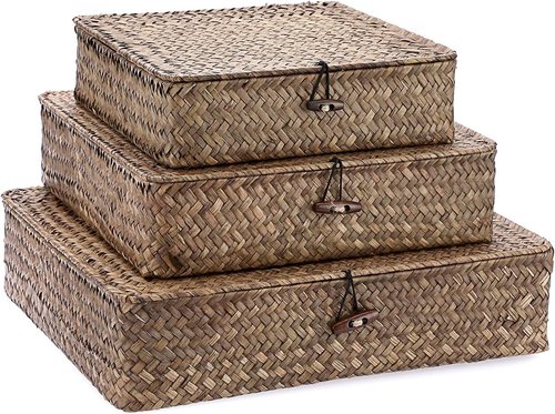 Hipiwe Wicker Storage Baskets - Set of 3 Handwoven Seagrass Bins with Lids | Large 14.8"x13" Coffee