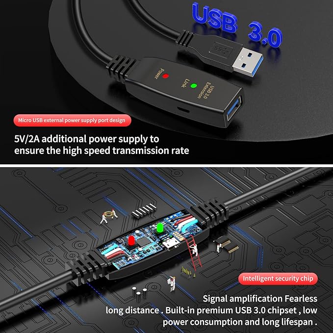 LDKCOK 30ft Active USB 3.0 Extension Cable with Dual Signal Booster, Type A Male to Female Extender Cord, 5Gbps High-Speed Long USB Wire with Micro USB Power Cable for VR, Webcam, Printer, Hard Drive