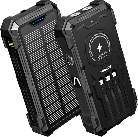 Sudrov Solar Charger Power Bank, 20000mAh Wireless Portable Charger with USB-C in/Output, QC3.0 Fast Charging 15W 4 Ports Outdoor Battery Pack Built-in Dual Led Flashlights for iPhone Samsung etc