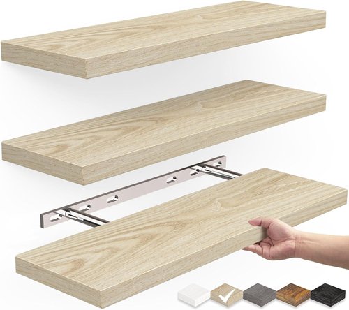 BAYKA Rustic Wood Floating Shelves - Set of 3, 16 Inch, 22 lbs Capacity | Ideal for Home Storage & Decor