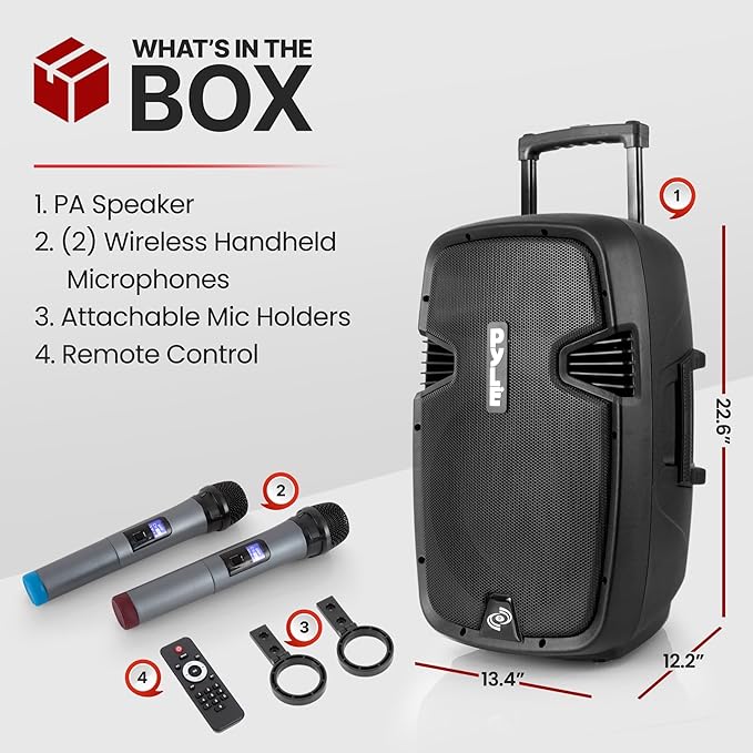 Pyle Portable Bluetooth PA Speaker System - 1000W Wireless Karaoke Loudspeaker with 12” Subwoofer, USB/SD/MP3/FM - Includes Dual UHF Mics, Remote, Rolling Wheels - Ideal for Parties, Events, Outdoors