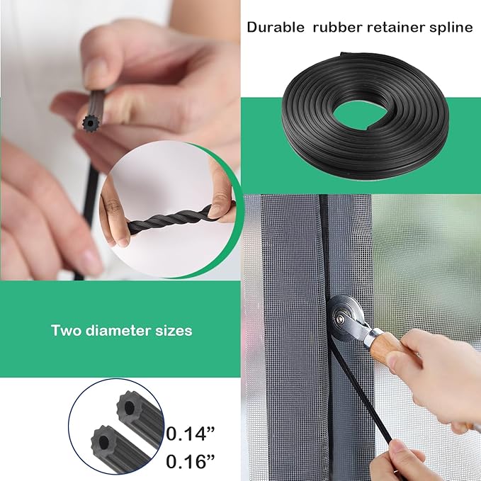 Screen Tool for Window Screen Replacement - Two Spline Roller (Steel and Nylon Bearing Roller), Spline Removal Hook, Two Sizes Screen Spline, Utility Knife, Tape Measure, Tooltriz