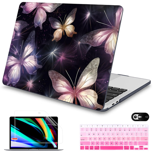 Mektron for MacBook Air 13 Case A1466/A1369 (2010-2017 Release), Snap-on Plastic Hard Shell Cover for MacBook Air 13.3 inch with Keyboard Cover, Glittering Butterfly