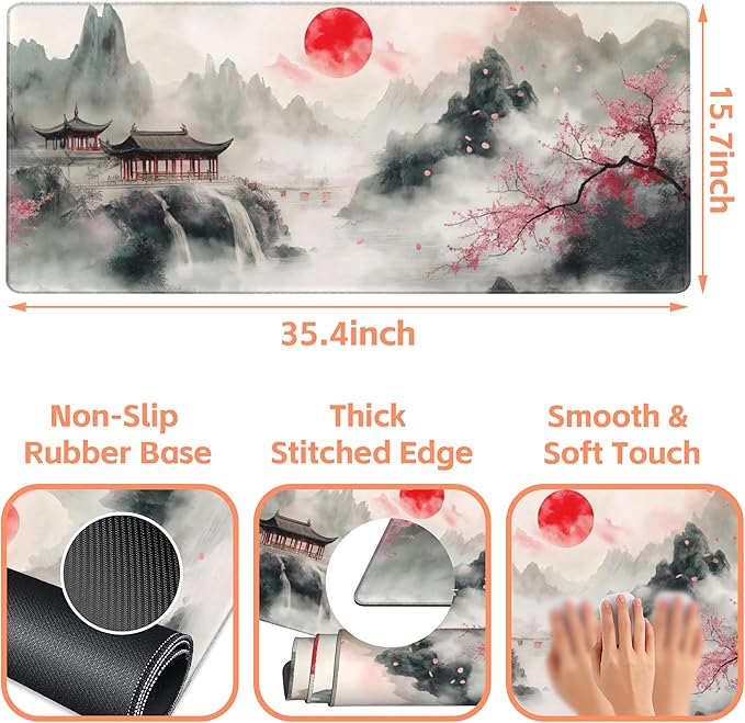 NIYLYNSYN Mouse Pad Large Chinese Landscape Painting Non-Slip Game Desk Mat with Stitched Edge Laptop Keyboard Desk Pad for Work Home Gaming (35.4 x 15.7 Inches)