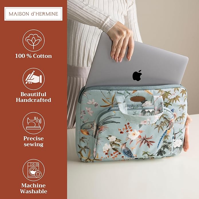 Maison d'Hermine Laptop Bag with Pocket Upto 13.5 inch Stain and Water Repellent Cotton Canvas Spring Summer (Hokuzai - Blue)