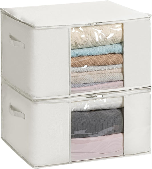 TYEERS Large Storage Bags - Zippered Cotton Blended Fabric Containers for Seasonal Clothes | 23.6x15.7x13.8 Inches, 2-Pack, Beige