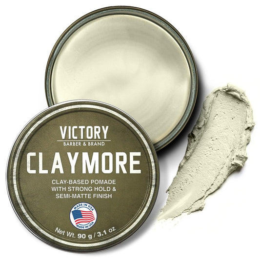 Victory Barber & Brand Claymore hair pomade for men | Strong Hold Matte Finish Men's Clay Pomade | made in usa | Designed by barbers, made for the rugged | Texturizing & Styling Clay 3.1 Oz
