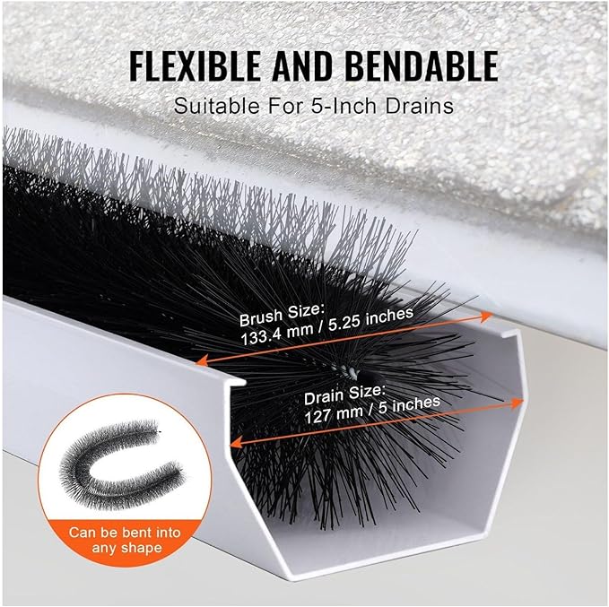 Gutter Brush 60ft, 5.25in Diameter Gutter Cleaning Tools, Gutter Guard for 5-6 Inch Gutters, Leaf Filter, Roof Debris Removal