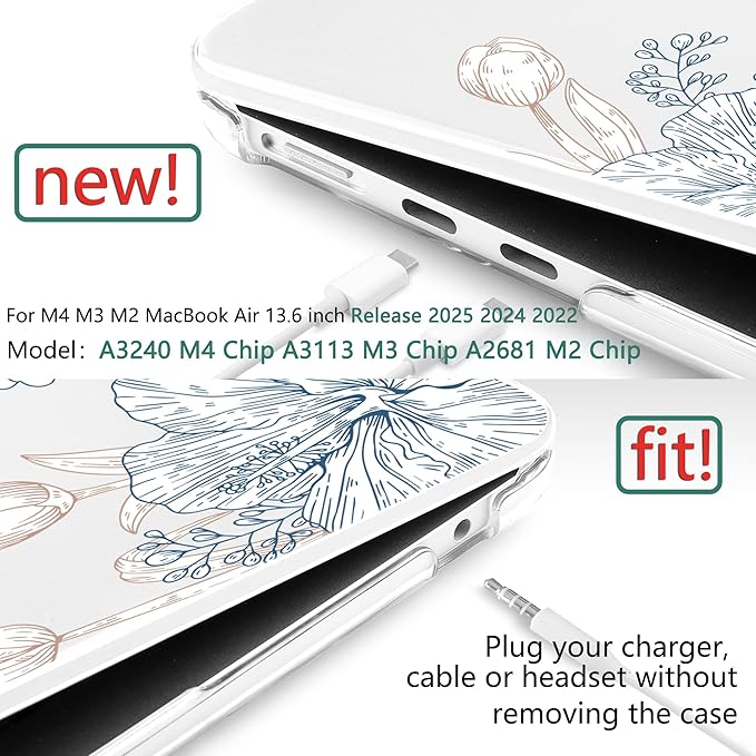 TWOLSKOO for MacBook Air 13 inch Case M4 A3240 M3 A3113 M2 A2681 2025 2024 2022 Plastic Hard Shell, Keyboard Cover, Type C Adapter, Screen Protector for MacBook Air 13.6 inch, Engraved Sketch2