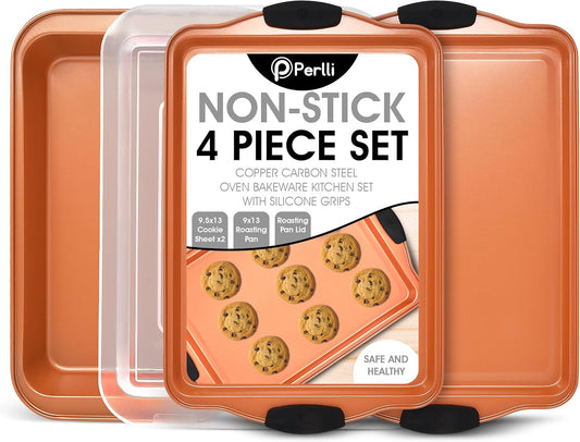 Perlli Nonstick Baking Sheet Set - 4-Piece Copper Carbon Steel Bakeware with Silicone Grips | Includes 2 Cookie Sheets & Baking Pan with Lid