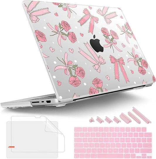 Tuiklol for MacBook Pro 14 Inch Case 2026 2025 2024 2023 2022 2021 Release M5/M4/M3/M2/M1 A2442 Pro/Max,Hard Shell Case with Screen Protector for Touch ID, Bow & Rose-White