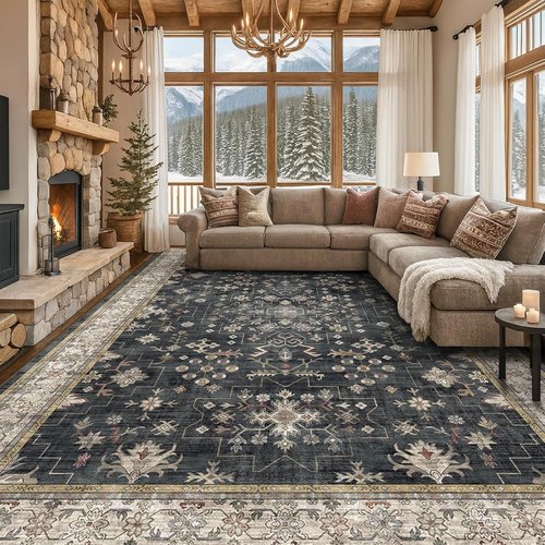 Boho Black Rug - Washable 10x14 Area Rug for Living Room & Dining Room | Soft Low Pile, Non-Slip, Stain Resistant