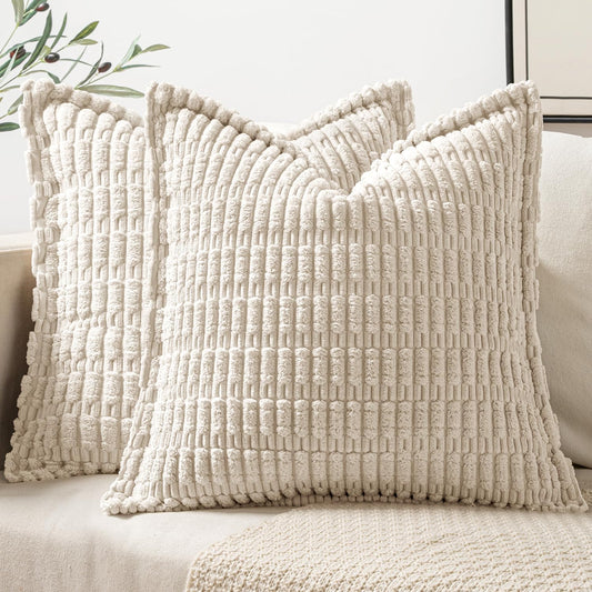 MIULEE Cream White Corduroy Throw Pillow Covers - Soft Striped Design, Set of 2, 18x18 Inch | Modern Boho Home Decor