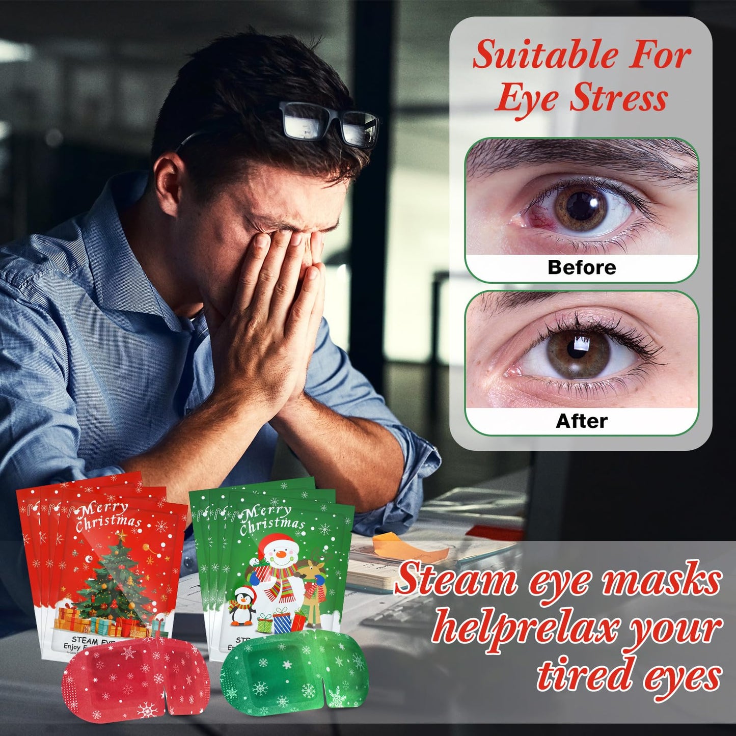 Demissle 96 Pack Christmas Steam Eye Masks Bulk for Dry Eyes Disposable Eyes Masks Cover Self Heating Red and Green Moist Heat Eyemasks Holiday Warm Eye Compress Gift for Women Home Office Travel