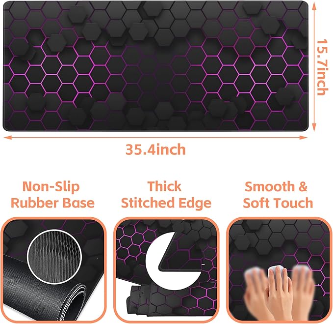 NIYLYNSYN Mouse Pad Large Electric Glow Hexagonal Non-Slip Gaming Desk Mat with Stitched Edge Laptop Keyboard Desk Pad for Work Home Gaming (35.4 x 15.7 Inches)