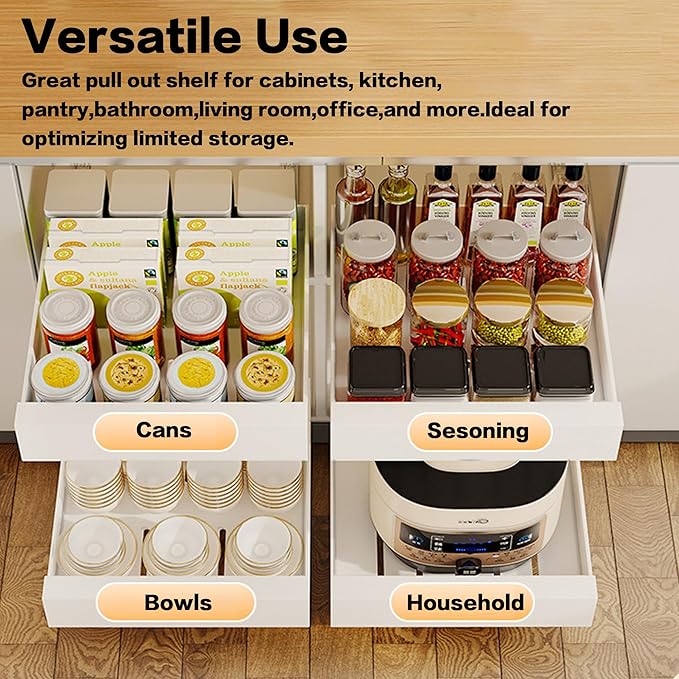 2 Pack Pull Out Cabinet Organizer Adhesive, Heavy Duty Kitchen Cabinet Organizer Pantry Organizers, Cabinet Shelf for Kitchen, Pantry, Bathroom, 12'' W x 16.9'' D x 3.1'' H