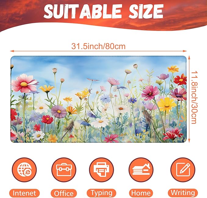 KOAIWPAE Large Gaming Mouse Pad, Colorful Wildflowers in Field Desk Mat, Watercolor Flowers Desk Pad, 31.5"x15.7" Extended Big Computer Keyboard Mouse Pad with Non-Slip Base and Stitched Edge