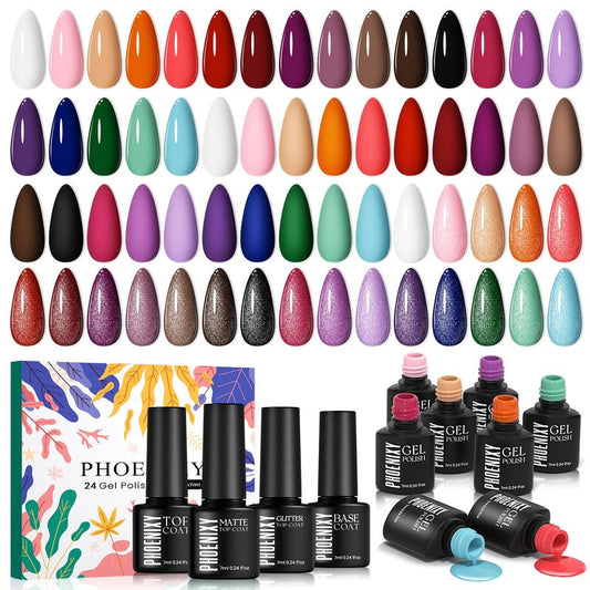 phoenixy 24Pcs Gel Nail Polish Set, 20 Colors Purple Red Burgundy Brown Dark Gel Polish with Base & Glossy, Matte, Glitter Top Coat Soak off Gel Polish Kit Gifts for Women Girls Nail Salon at Home