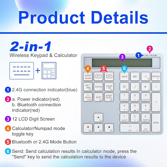 Rytaki Pro 2-in-1 Wireless Number Pad & Calculator, Bluetooth 5.0 Numeric Keypad with USB-C Charging, 34-Key Portable Number Pad for Laptop, MacBook, PC, Windows, iOS & Android Devices