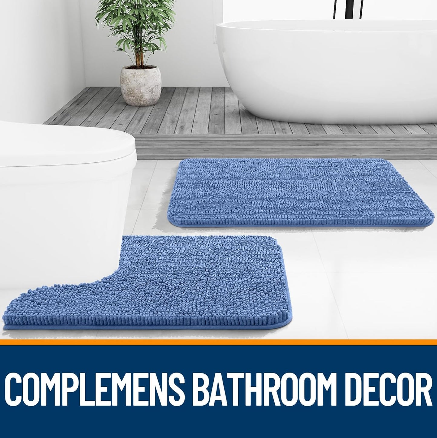 OLANLY Bathroom Runner Rugs - Soft Chenille Bath Mats with Rubber Backing | Quick Dry, Machine Washable, 44x24, Cornflower Blue
