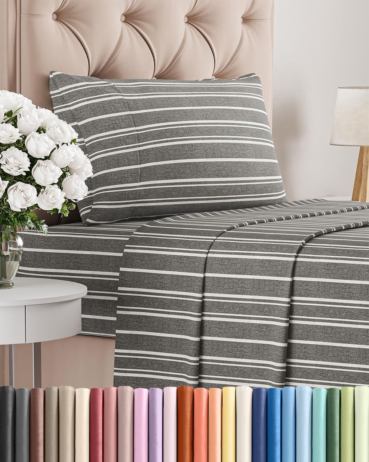 Skiennix Twin Size 3-Piece Sheet Set - Comfy, Breathable & Cooling - Hotel Luxury Bedding in Grey Stripes