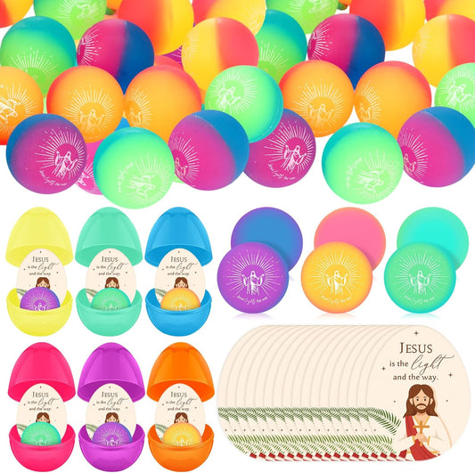 Wettarn 36-Piece Christian Easter Egg Set - Jesus is the Light Bouncy Balls & Cards for Basket Stuffers