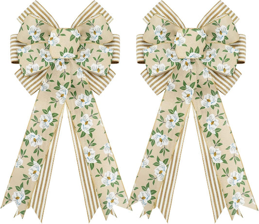 Whaline Spring Magnolia Wreath - Rustic Wired Edge Bow | Large 11 x 21 Inch Floral Decor for Home & Parties