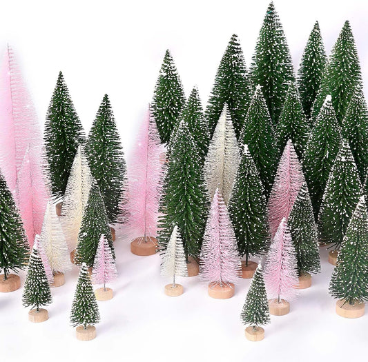 Skiennix 30Pcs Mini Christmas Trees - Artificial Bottle Brush Trees with Wooden Base | Festive Home Decor