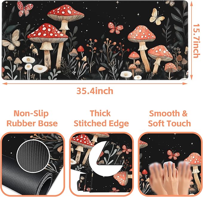 NIYLYNSYN Mouse Pad Large Magical Fantasy Mushroom Non-Slip Game Desk Mat with Stitched Edge Laptop Keyboard Desk Pad for Work Home Gaming (35.4 x 15.7 Inches)
