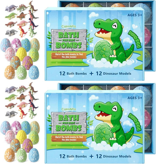 CalmNFiz Bath Bombs - Organic Bubble Bath Bombs with Surprise Dinosaur Toys | 24-Pack Gift Set for Kids