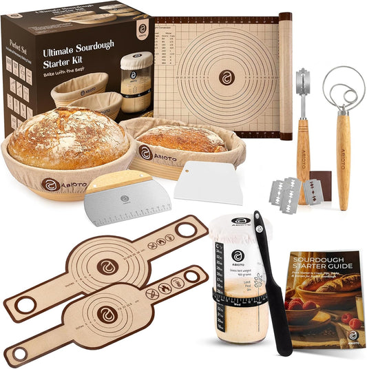 Skiennix Sourdough Starter Kit - 21 Piece Baking Supplies with 24oz Starter Jar & Rattan Baskets