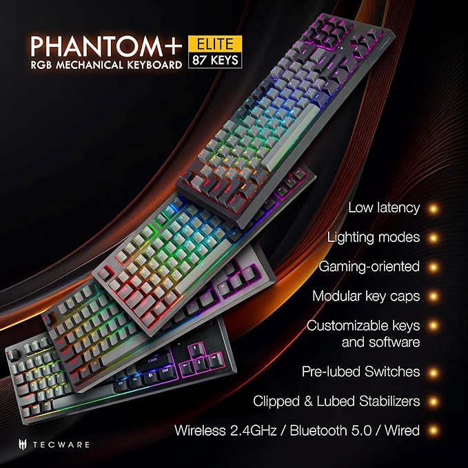 TECWARE Phantom+ Elite 87 Key RGB Mechanical Gaming Keyboard | 3 Mode Wireless Bluetooth 5.0 2.4GHz & USB C Wired | Hot Swappable 5 Pin | Double Shot PBT Keycaps | Wraith Red Switch - Black