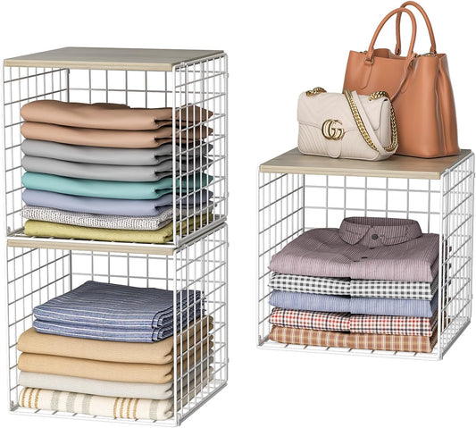 Skiennix Stackable Closet Organizers - Durable Storage Bins with Wood Top | White Metal, 3-Piece Set