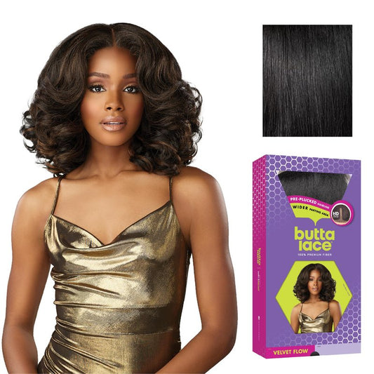 Sensationnel Butta Lace Wigs - Velvet Flow Unit Extra Wide 5 Inch Deep Parting Synthetic Preplucked Hairline Glueless Lacefront (1 JETBLACK)