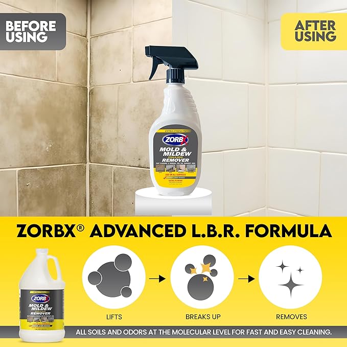 ZORBX Extra Strength Remover & Cleaner Spray 24 FL Oz â Scrub Free Formula - Bleach Free Stain & Smell Eliminator for Shower, Bathroom, Ceiling, Carpet, Cars, Walls & Wood